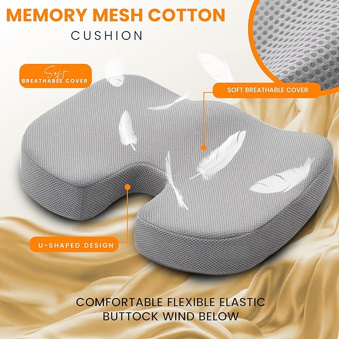 GRAND PITSTOP Memory Foam Seat Cushion for Office Chair Car & Home Orthopedic Tailbone & Sciatica Pain Relief Pad Ergonomic U-Shaped Design with Cooling Foam, Non Slip Base & Washable Cover