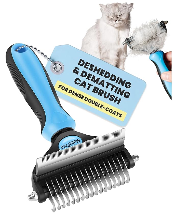 MalsiPree 2-in-1 Cat Brush for Shedding - Double-Sided Undercoat Rake for Long Haired Cats - Professional Dematting Tool for Dense Double-Coats - Gentle Deshedding Brush for Kittens, Blue