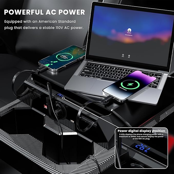 USB Charger Hub for Tesla Cybetruck with 110V AC Outlet & Retractable Cables - Seamless Integration, 30W PD/QC3.0 Fast Phone Charge, Center Console Docking Station Cybetruck Accessories (Black 1.0)