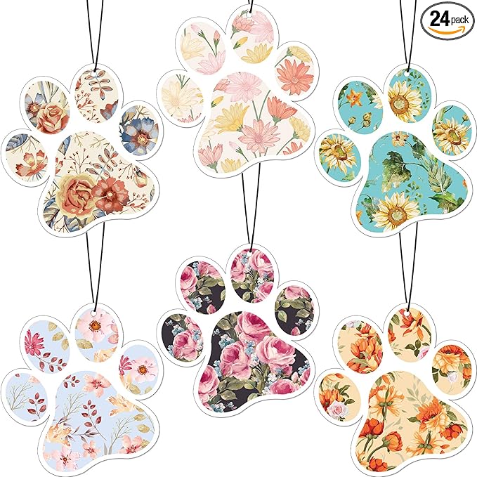 Tallew 24 Pack Car Air Freshener Dog Paw Shape Hanging Pet Lovers Funny Cute Spring Car Scents Air Freshener Rearview Mirror Pendant Cute Pet Odor Eliminating, Mixed Scents