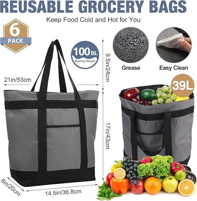 Pickmesh 6 Pcs Large Insulated Cooler Bag with Thermal Foam Insulation, Gray, Grocery, Travel, Beach, Pizza Delivery, Food Packaging, Tailgate Parties, Catering