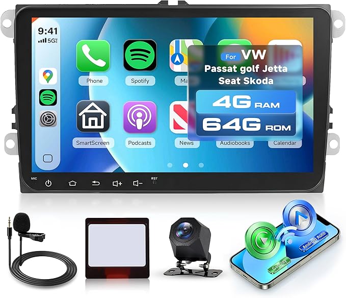 Rimoody 9‘’ Android Car Stereo for VW Passat Jetta Tiguan Golf MK5 MK6 T5 EOS Polo Touran Seat Sharan, 4G+64G Touchscreen Radio Wireless CarPlay Android Auto, GPS BT-5.0 FM 5G-WiFi 32EQ Backup Camera