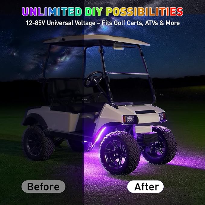 Golf Cart Underglow LED Light Strip Kit, 28 RGB Modes with Music Sync & Wireless Remote | 12-85V Wide Voltage, Fit Club Car, EZGO, Yamaha (2/4/6 PCS)
