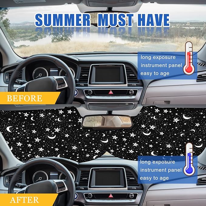 Moukeren 2 PCS Windshield Sun Shade for Car Foldable Window Covers for Car Accessories Reflect UV Sun Heat Protector for Universal Cars SUV Truck RV (Star Moon,31.75 x 28.75 Inch)