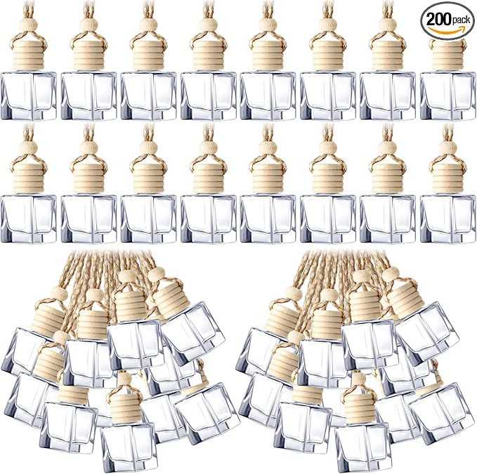 BBTO 200 Pcs Hanging Car Diffuser Bottles Bulk, Empty Clear Glass Air Freshener Bottles with Wooden Cap for Perfume Essential Oils Fragrance Aromatherapy Ornament(Square)