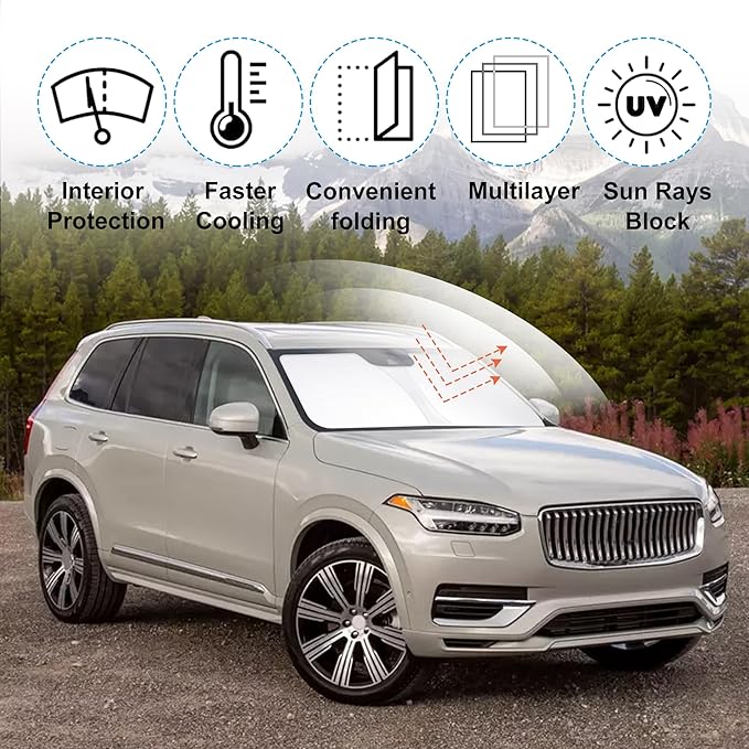 Windshield Sun Shade Custom Fit for 2016-2024 2025 2026 Volvo XC90 Accessories Foldable Sunshade Sun Blocker Protect Car from Sun Rays & Heat Damage Keep Car Cooler