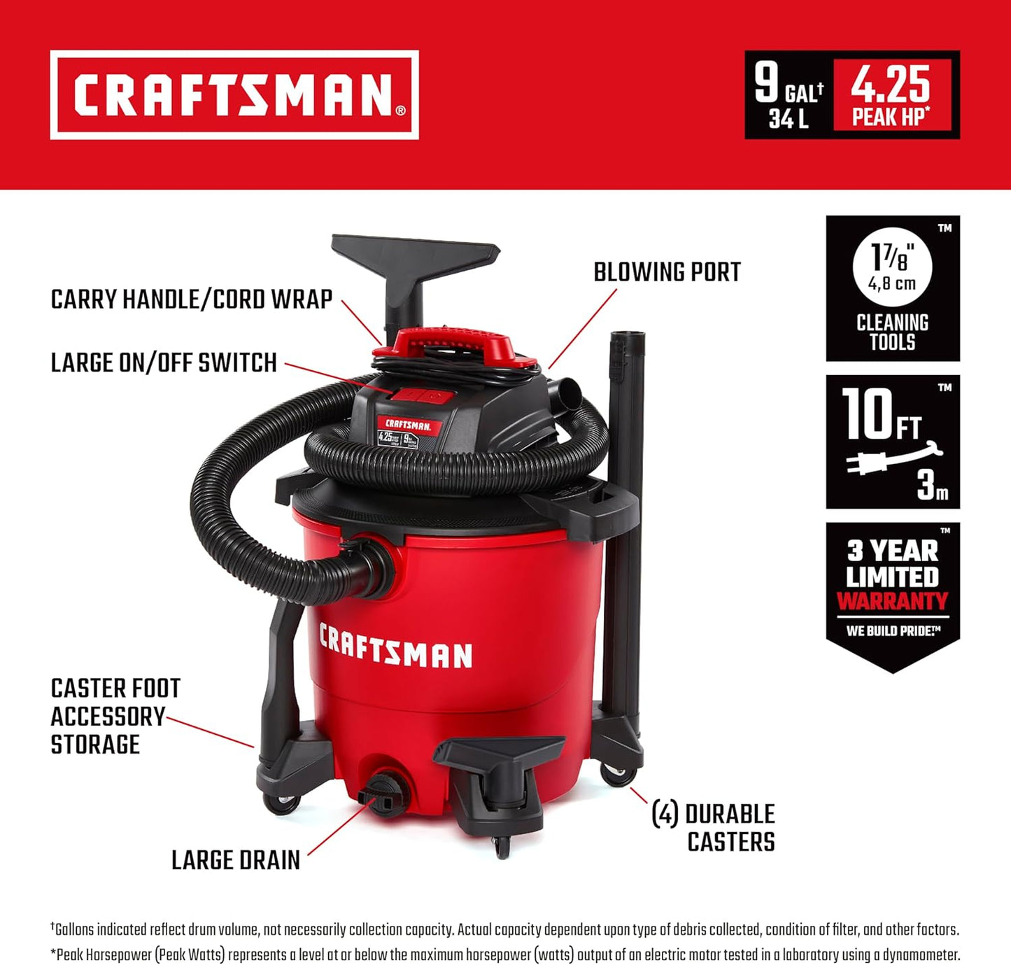 CRAFTSMAN CMXEVBE17590 9 Gallon 4.25 Peak HP Wet Dry Vac, Portable Shop Vacuum Wet and Dry with Filter, Dust Bag, Hose and Attachments for Home, Garage and Automotive Cleaning