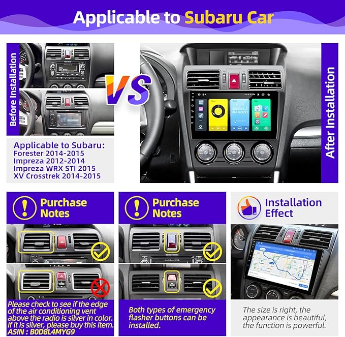 for Subaru Forester Impreza WRX STI XV 2013-2015 Radio Upgrade Compatible with Wireless Carplay Android Auto Touch Screen Car Stereo Bluetooth GPS WiFi AM/FM Camera Navigation 8 Core Head Unit