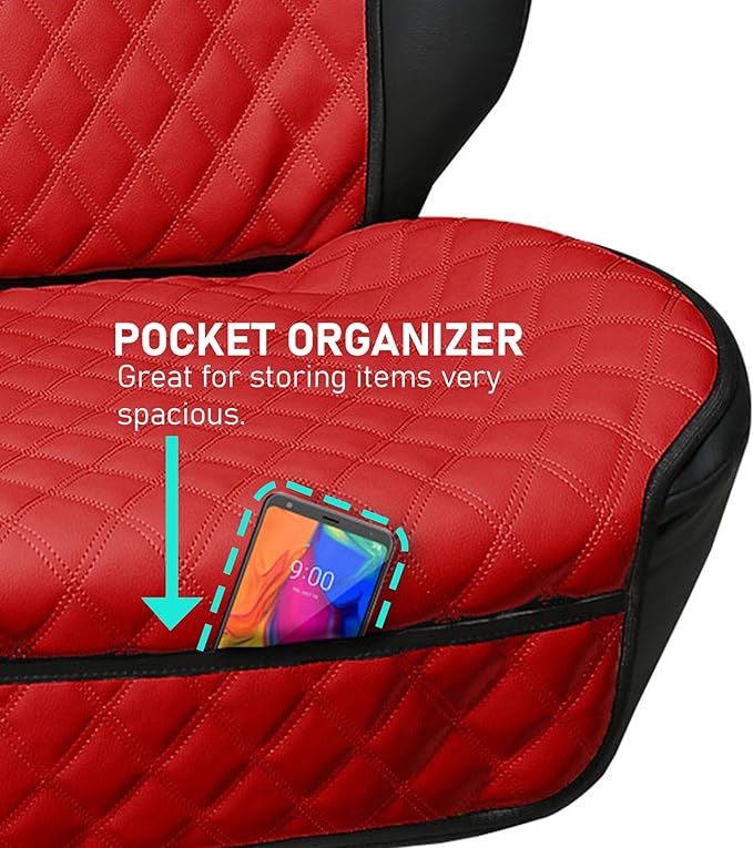 FH Group Car Seat Cushion – Faux Leather Single Front Seat Cover with Front Pockets, Airbag Compatible, Universal Fit Car Seat Cushion for Driver or Passenger Seat, SUV, Truck, Sedan & Van – Red