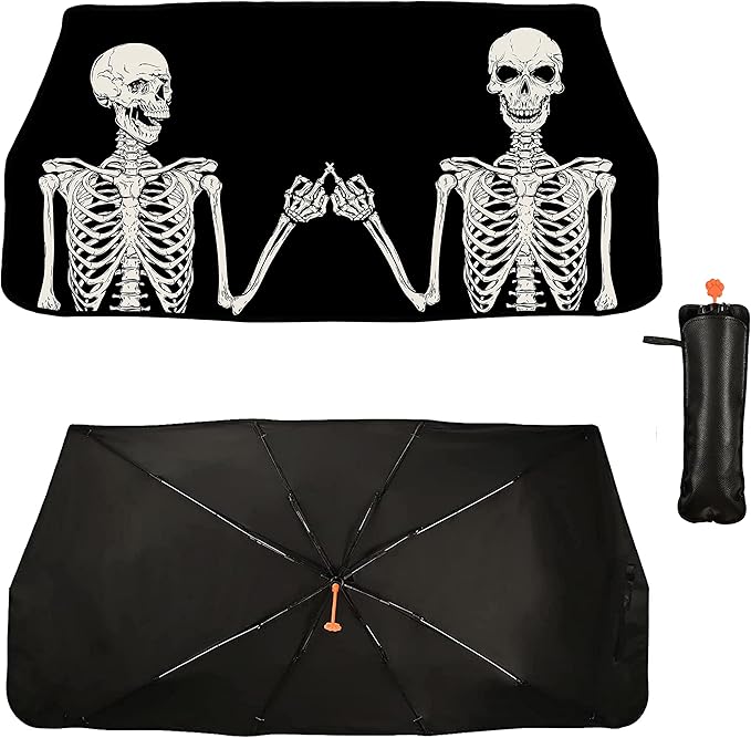Socira Funny Skull Car Sun Shade Windshield Sunshade Umbrella Foldable Gothic Umbrella Sun Shade Sunshade Front Window Cover Skull Car Accessories Blocks Uv Rays 57" X 30"
