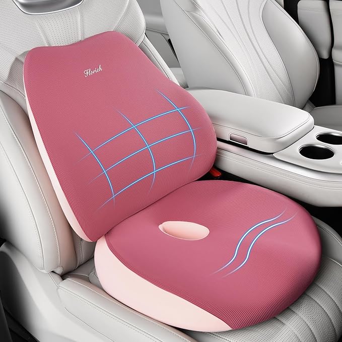 FLORICH Car Seat Cushion and Lumbar Support Pillow, Ergonomic Memory Foam Driving Seat Cushions for Back & Sciatica Pain Relief, Non-Slip Cushion for Car, Office, Truck, Wheelchair, Gaming Chair-Pink
