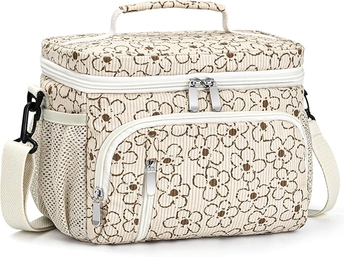 Insulated Lunch Bag for Men & Women, 9L Leakproof Lunch Box Soft Cooler Tote with 5 Pockets, 600D Oxford, EVA Lining, Adjustable Strap for Work, Picnic, Beach&Travel-Corduroy Small Flower