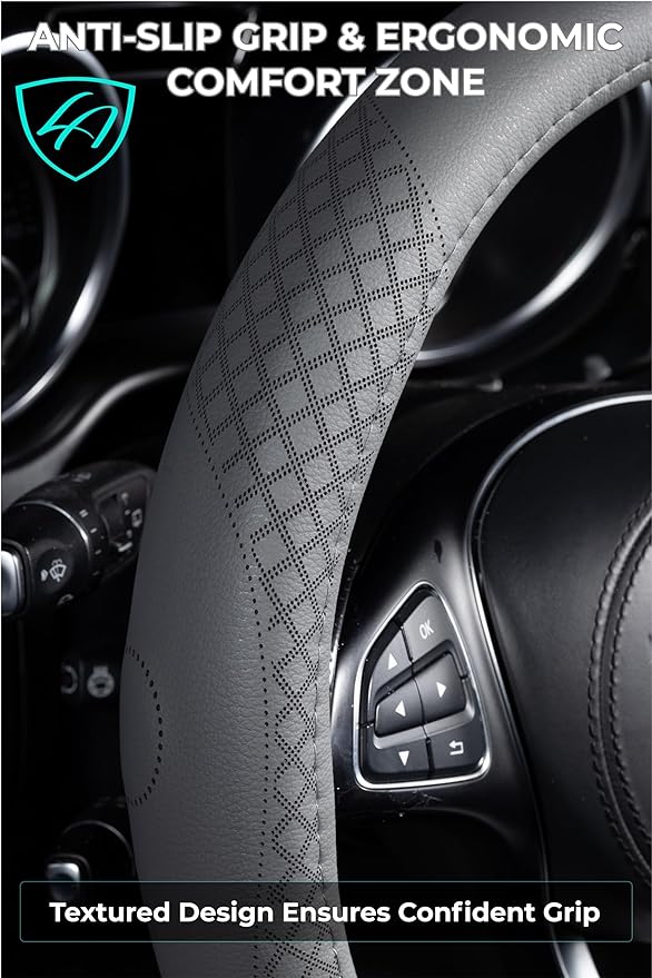 Lord Autofashion Steering Wheel Cover – PU Leather, Non-Slip Rubber Inner, All-Season Comfort – 14.5–15 Inch (Grey 9283)