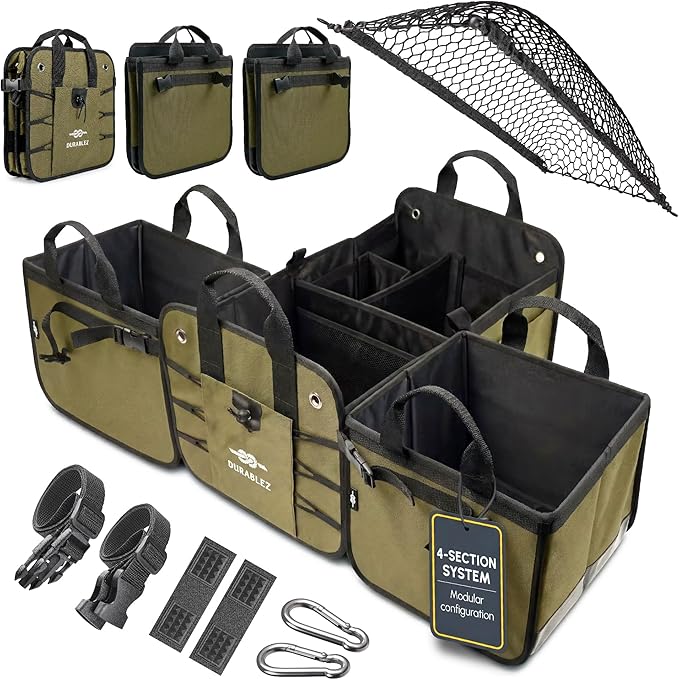 4-Section Extra Large Trunk Organizer – Heavy Duty 1680D, Collapsible & Foldable Cargo Organizer, Modular Multi-Shape Storage System for SUVs, Trucks, Vans – Green