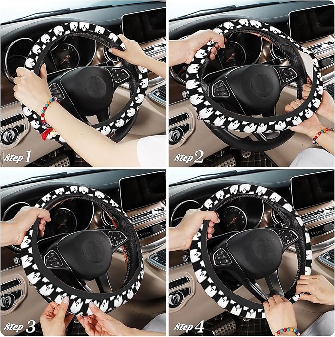 Halloween Ghosts Steering Wheel Cover, Elastic Non-Slip Steering Wheel Protector,Auto Interior Decor for Women Girls,Universal 15" Fit for Sedans,Trucks