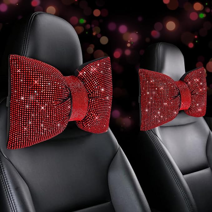 2 PCS Bling Car Pillows,Rhinestones Bowknot Car Headrest Pillow,Car Neck Pillow for Driver Relax Necksupport,Sleeping Travel Support Neck Pillow,Shiny Diamond Interior Accessories for Women,Red