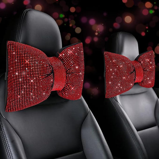 2 PCS Bling Car Pillows,Rhinestones Bowknot Car Headrest Pillow,Car Neck Pillow for Driver Relax Necksupport,Sleeping Travel Support Neck Pillow,Shiny Diamond Interior Accessories for Women,Red