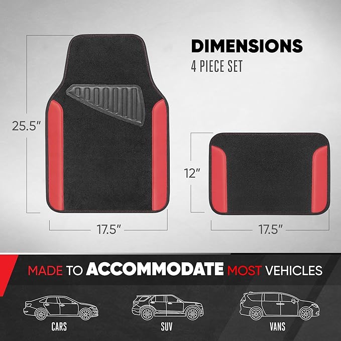 Motor Trend Waterproof Car Floor Mats Universal Fit Car Mats with Driver Heel Pad Leather Car Carpet Floor Mats for SUV Van Sedan Truck Anti-Slip Backing Carpet Mats Black and Red