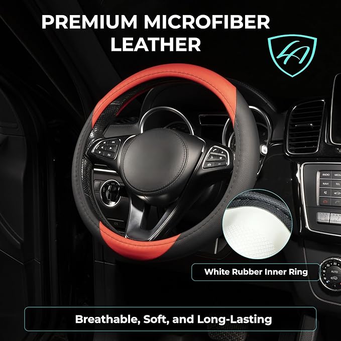 Lord Autofashion Steering Wheel Cover – PU Leather, Non-Slip Rubber Inner, All-Season Comfort – 14.5–15 Inch (Black/Red 7414)
