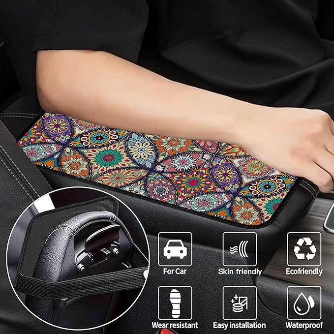 Geometric Mandala Universal Armrest Cover Pad, Car Center Console Cushion Pad, Protect from Pet Claws, Dirt, and Sticky Fingers, Comfortable Car Decor Accessories Fit for Most Cars, Vehicles, SUVs
