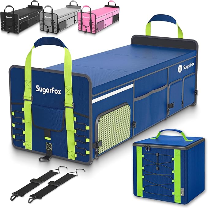 SugarFox Bold Color Block Trunk Organizer | 95L, 35"x13.8"x11.8" | Dedicated Shoe Storage & 26L Ice Pack | Foldable for SUV/Car/Jeep | Car Accessories for Men & Women - Blue-X212