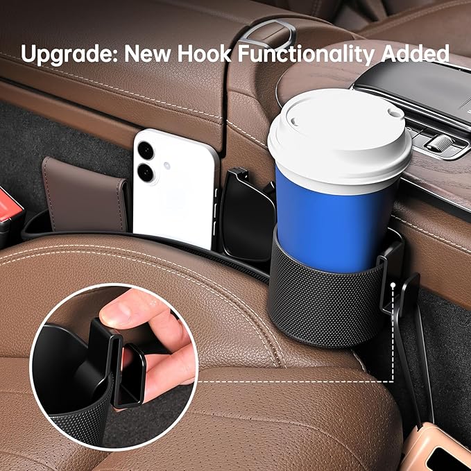 2026 Upgraded Car Seat Gap Filler with Holder and Hook, Car Seat Accessories Interior, Car Seat Gap Plug with Storage Slot, Car Organizer Fit Sedan SUV Truck, 2 Pack Black