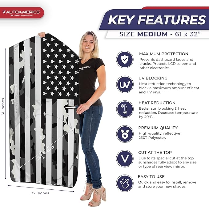 Autoamerics 1-Piece Windshield Sun Shade B&W Camo American Flag USA Design - Foldable Car Front Window Sunshade for Most Sedans SUV Truck - Blocks Max UV Rays and Keeps Your Vehicle Cool - Medium