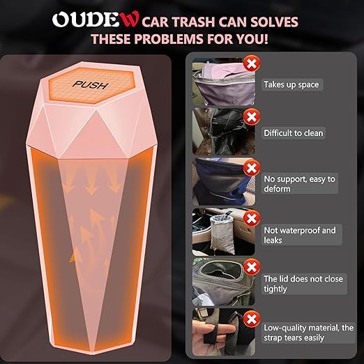Car Trash Can with Lid - 1-Pack, Interior Accessories for Vehicles, Leakproof Garbage Can with 15 Detachable Trash Bags, Multipurpose Organizers and Storage Solutions for Home and Office (Pink)