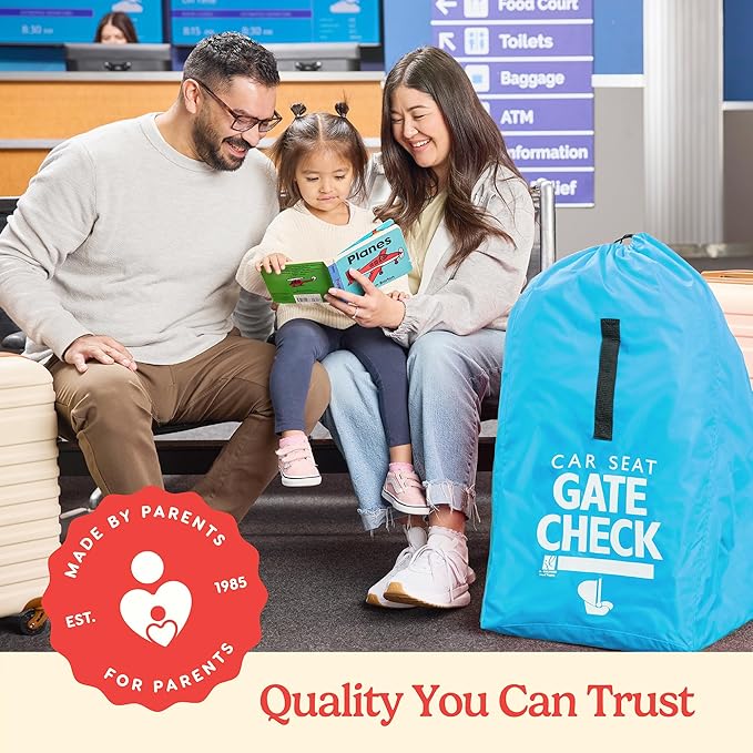 J.L. Childress Gate Check Travel Bag for Car Seats - Car Seat Travel Bag for Airplane, Includes AIRTAG Holder, Fits All Baby Carriers, Infant Carriers & Child Booster Seats - Neon Blue