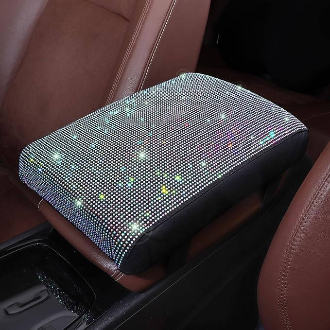 Bling Car Armrest Cover with Memory Foam Cushion Pad & Rhinestones, Universal Diamond Center Console Cover for Cars, Bling Middle Console Cover, Bling Car Accessories for Women, AB Color