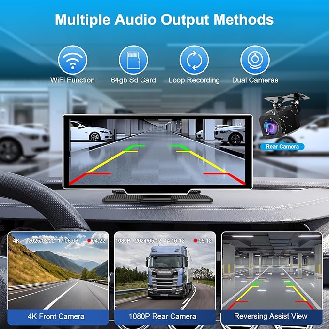 10.26" Wireless Carplay Screen for Car with 4K Dash Cam | Portable Car Play & Android Auto Touch Screen, 1080p Backup Camera, Mirror Link, Voice Control, GPS Navigation | for All Cars