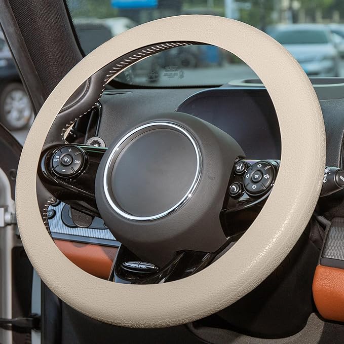 Spurtar Beige Car Steering Wheel Cover Men, Soft Thin Silicone Leather Texture Car Accessories for Women, Fit Diamenter 15" - 16.5"