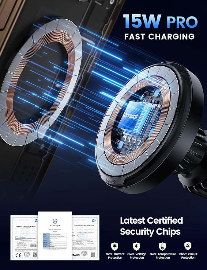 Lamicall for MagSafe Car Mount Charger - 15W Magnetic Wireless Car Charger Vent Dashboard, 360° Rotation Magnetic Phone Holder for Car Charging HandsFree for iPhone 17 16 Pro Max