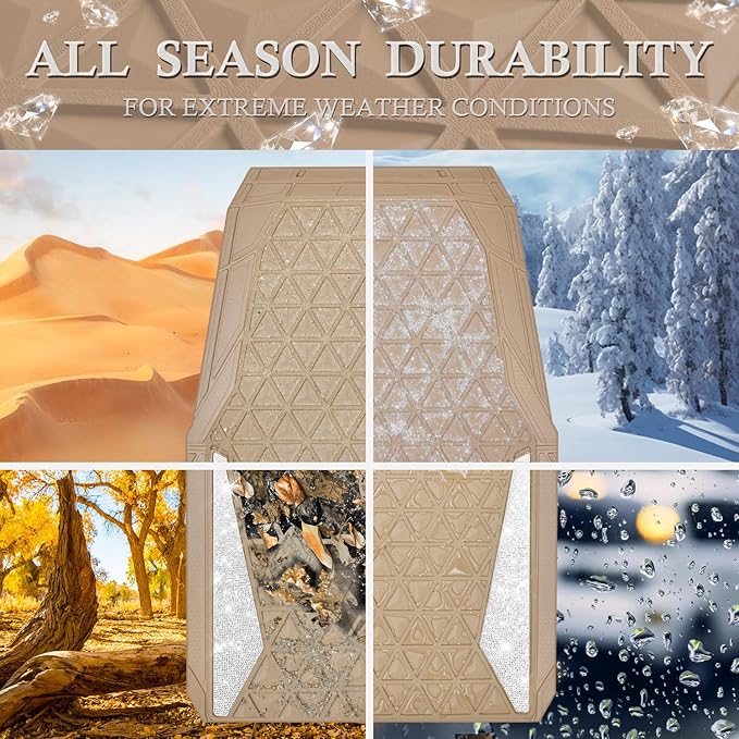 CAR PASS Bling Diamond Car Mats Rubber Floor Mats Full Set Anti-Slip 3D Rhombus Waterproof Trim to Fit Liner Universal Glitter Crystal Sparkly Shining Rhinestone Girl Women SUV Sedan Van, Beige Rubber