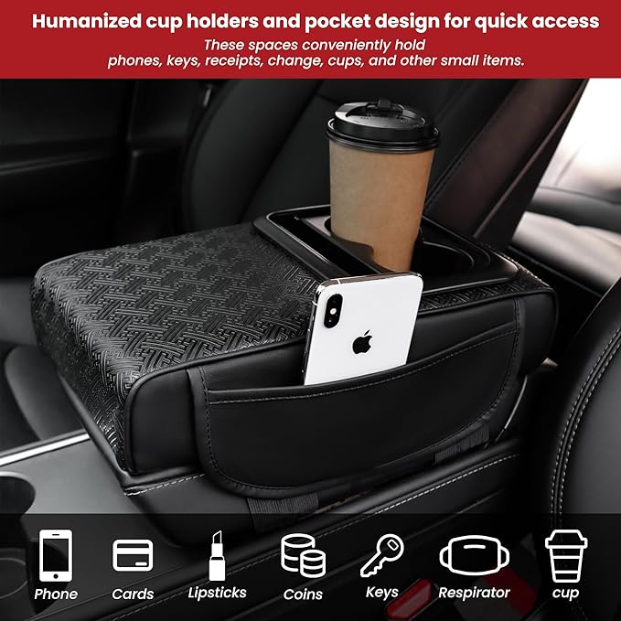 Car Armrest Center Console Cover with Cup Holder 2 Storage Box for Rear Seat Armrest Middle Console Cover 2.95 in Tall Relax Muscles Design, Ideal for Family Trips, Multi-Functional Center Console