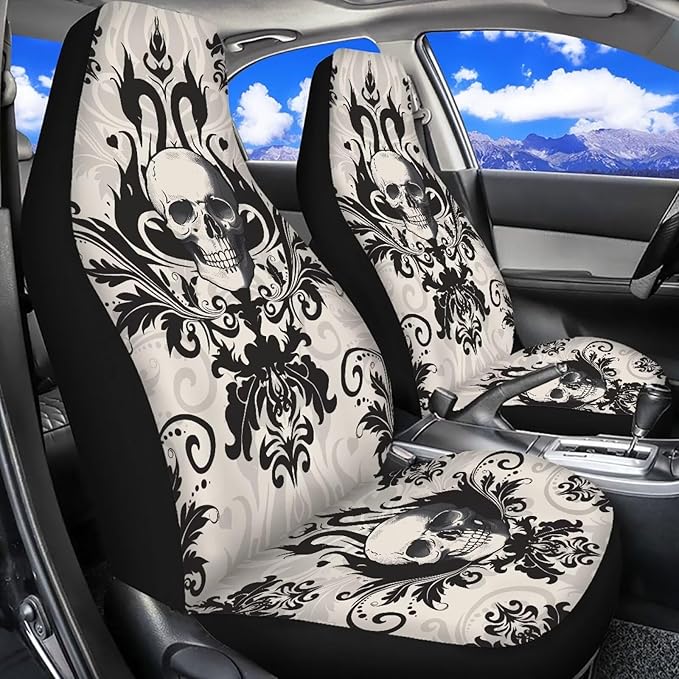 Halloween Skull Car Seat Cover Anti-Slip Back Fabric Haunted House Automobile Front Seat Covers Easy to Install Car Interior Automotive Accessories Suitable for Cars, SUV and Trucks