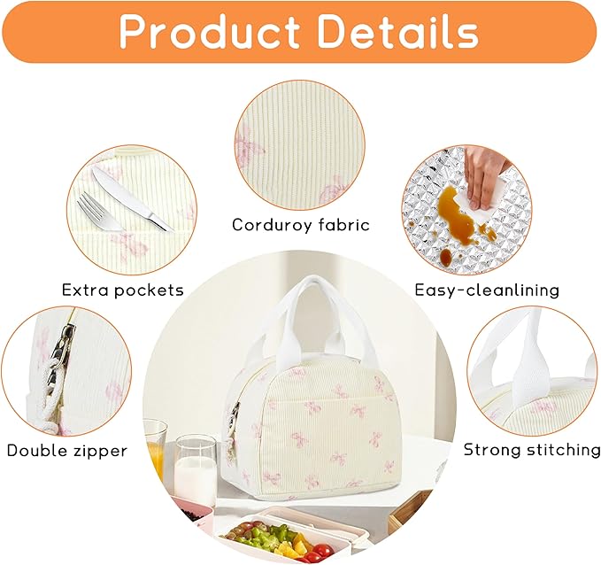 Lunch Bag for Women Insulated Lunch Box Cute Corduroy Lunch Tote Bags Reusable Large Capacity Cooler Bag for Travel Work Picnic