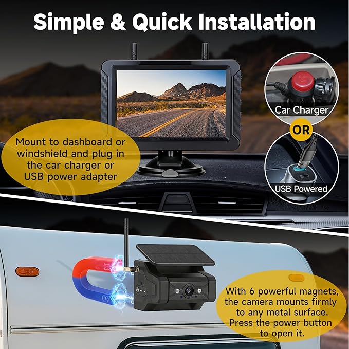 Magnetic Solar Wireless Backup Camera for Truck RV Car Trailer Pickup: HD 1080P No Wiring No Drilling IR Night Vision IP69K Waterproof Rechargeable Portable Backup Camera with 5" IPS 2-Split Monitor