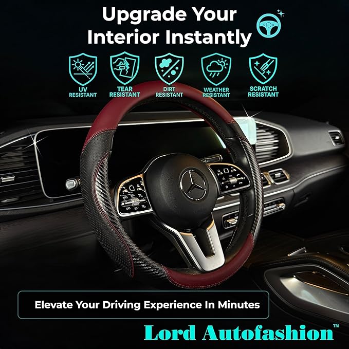Lord Autofashion Steering Wheel Cover – PU Leather, Non-Slip Rubber Inner, All-Season Comfort – 14.5–15 Inch (Black/Maroon 7685)
