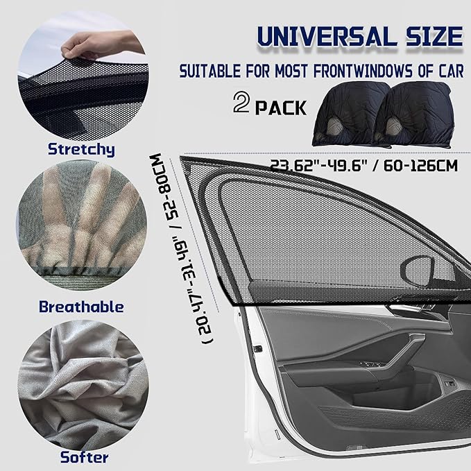 Car Front Window Shades, OUTTDID 2 Pack Side Window Sun Shades,Stretchy Mosquito Net Cover Fit Cars SUVs - Up to 31.5”x49.6”