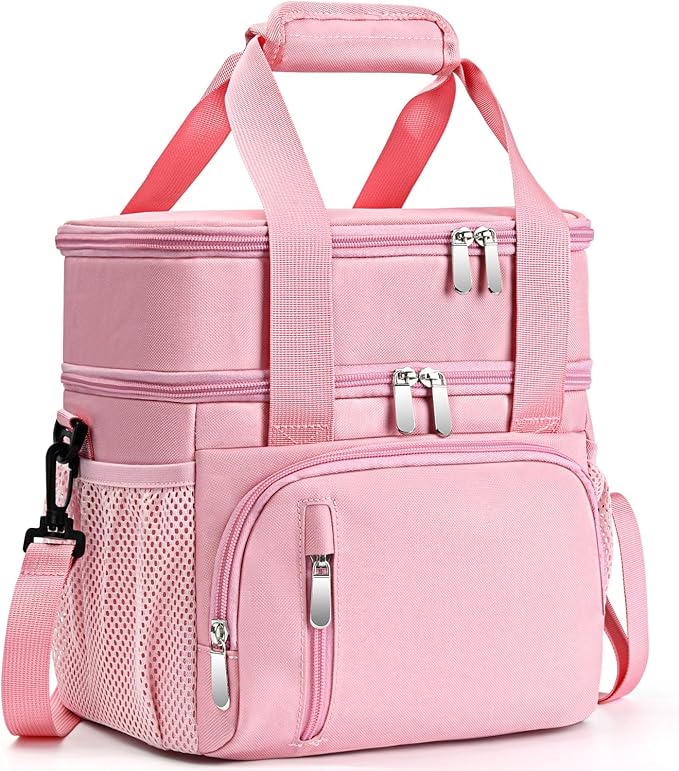 Insulated Lunch Bag for Women, Double Leakproof Lunch Box Soft Cooler Tote with 5 Pockets, 600D Oxford, EVA Lining, Adjustable Strap for Work, Picnic, Beach&Travel-Pink