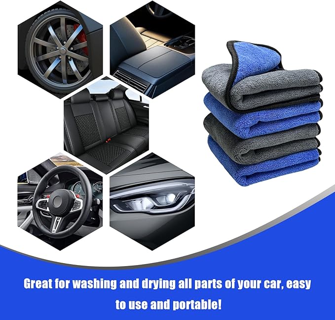 4PCS Microfiber Towels for Car, 12" x 16" 600GSM Cleaning Rags Ultra Absorbent Dusting Cloth, Scratch-Free Drying & Detailing Towel Wash Cloths for Car Interior & Exterior