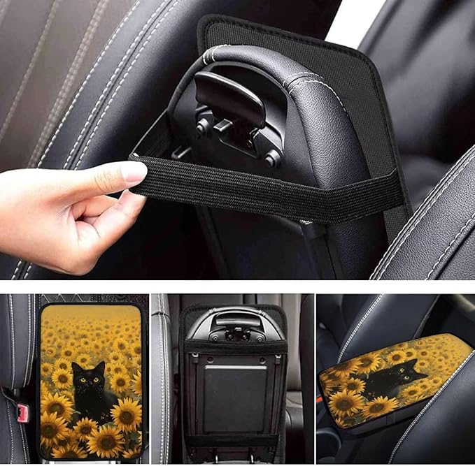 Cute Cat Car Center Console Cover Breathable Sunflower Car Armrest Cover Cushion Non Slip Middle Black Console Protector Mat Cute Cat Auto Interior Accessories Decor
