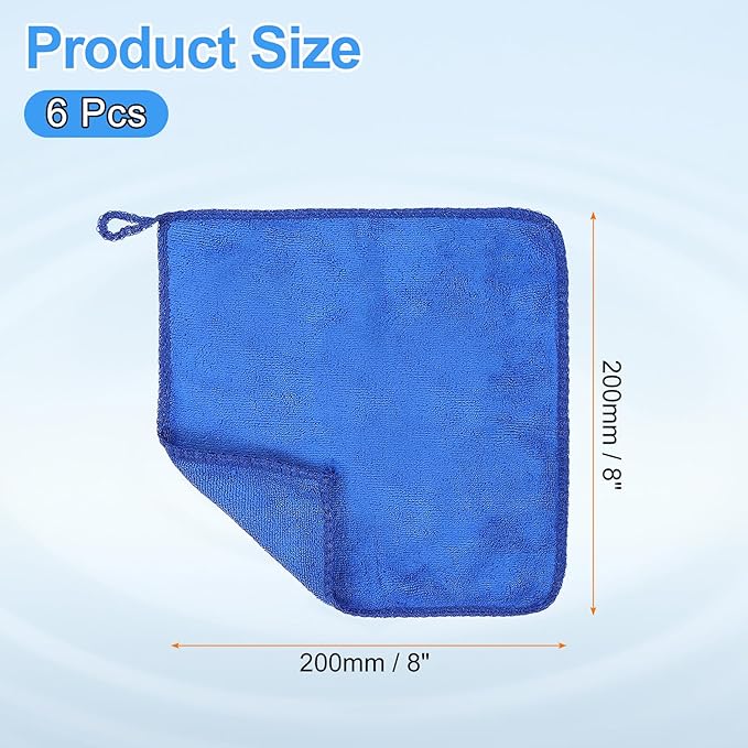 HARFINGTON 6 Pack Microfiber Cleaning Cloth, 8" x 8" Multi-Functional Cleaning Towels Reusable Absorbent Rags with Hook for Car Wash Kitchen Household Window Clean, Sapphire Blue