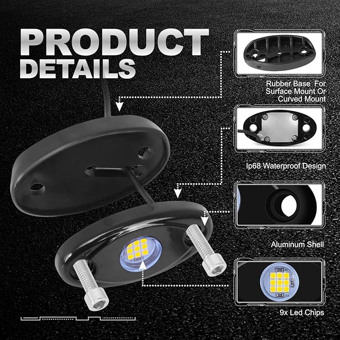 4Pods LED Rock Lights White LED Neon Underglow Light for Car Truck ATV UTV SUV Underbody Glow Trail Rig Lamp Waterproof (White)