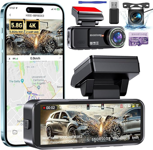 Car Camera - Dash Cam Front and Rear, 4K Dash Camera for Cars Built-in 5.8G WiFi GPS ADAS Dashcam,3.2" IPS Screen Dash Cam with Free 32GB Card,G-Sensor,Loop Recording,WDR,Night Vision Dashboard Camera