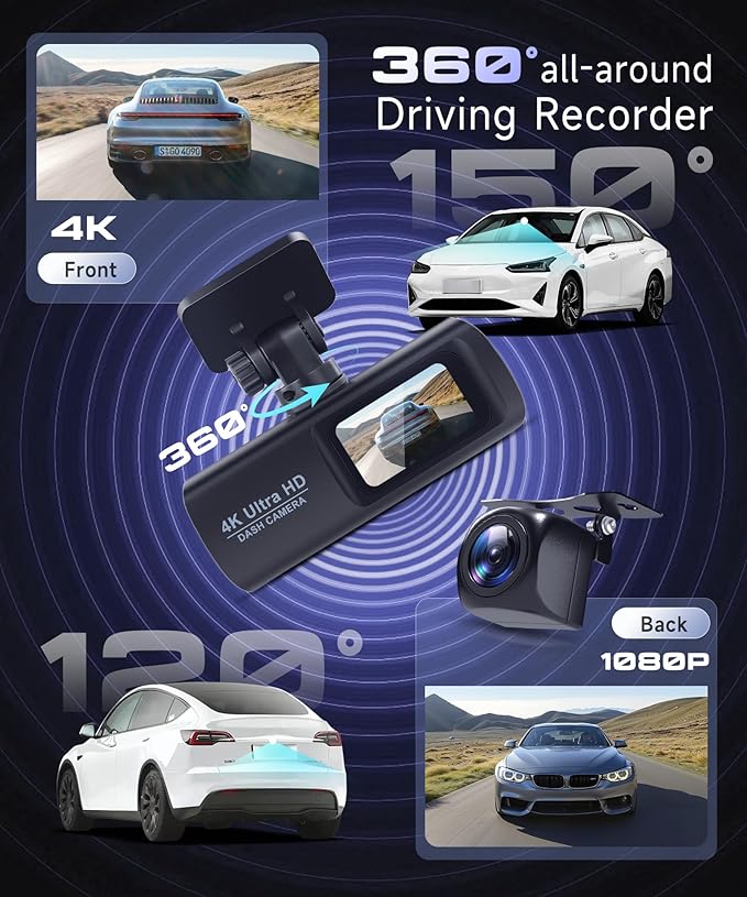 Dash Cam 4K Front and Rear Full HD Dash Camera for Cars, Included 64GB Card, Built-in WiFi, 1.47" IPS ScreenLoop Recording, G-Sensor, Night Vision, Parking Mode