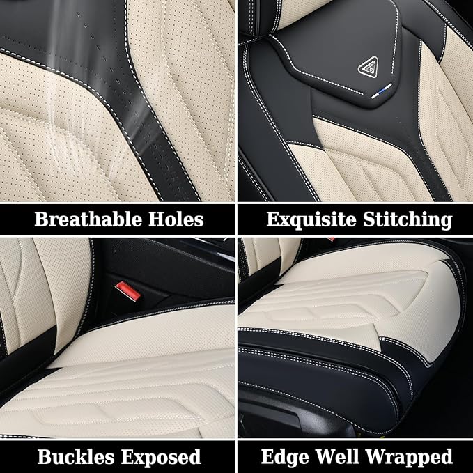 Coverado Front Seat Covers, Car Seat Covers Front Seats, Leather Seat Covers for Cars, Automotive Seat Covers Car Seat Protector Car Accessories Fit for Most Sedans SUV Pick-up Truck(Black&Beige)