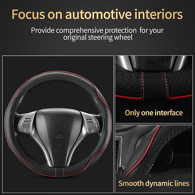 Leather Car Steering Wheel Cover,Anti-Slip, Safety, Soft, Breathable, Heavy Duty, Thick, Full Surround, Sports Style,Universal Car Accessories for Women Men Fit 14"1/2-15"(Black with Red line)