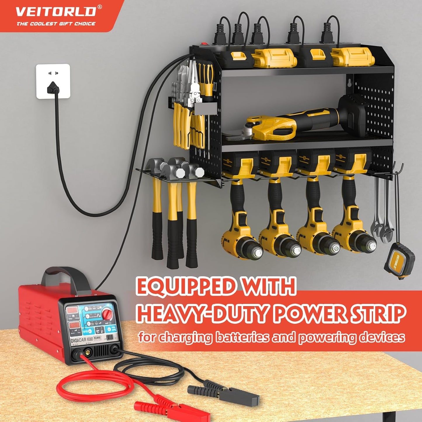 Veitorld Power Tool Organizer Wall Mount with Charging Station, 4 Drill Holder Heavy Duty Cordless Tool Storage Rack, Metal Garage Organizers and Storage, Christmas Birthday Gifts for Men Dad Him
